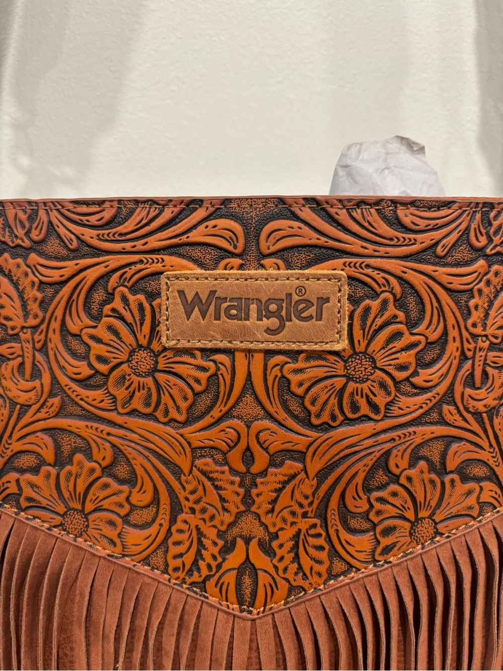 Wrangler Brown Leather Tooled Floral Fringe Crossbody - Picture 2 of 16